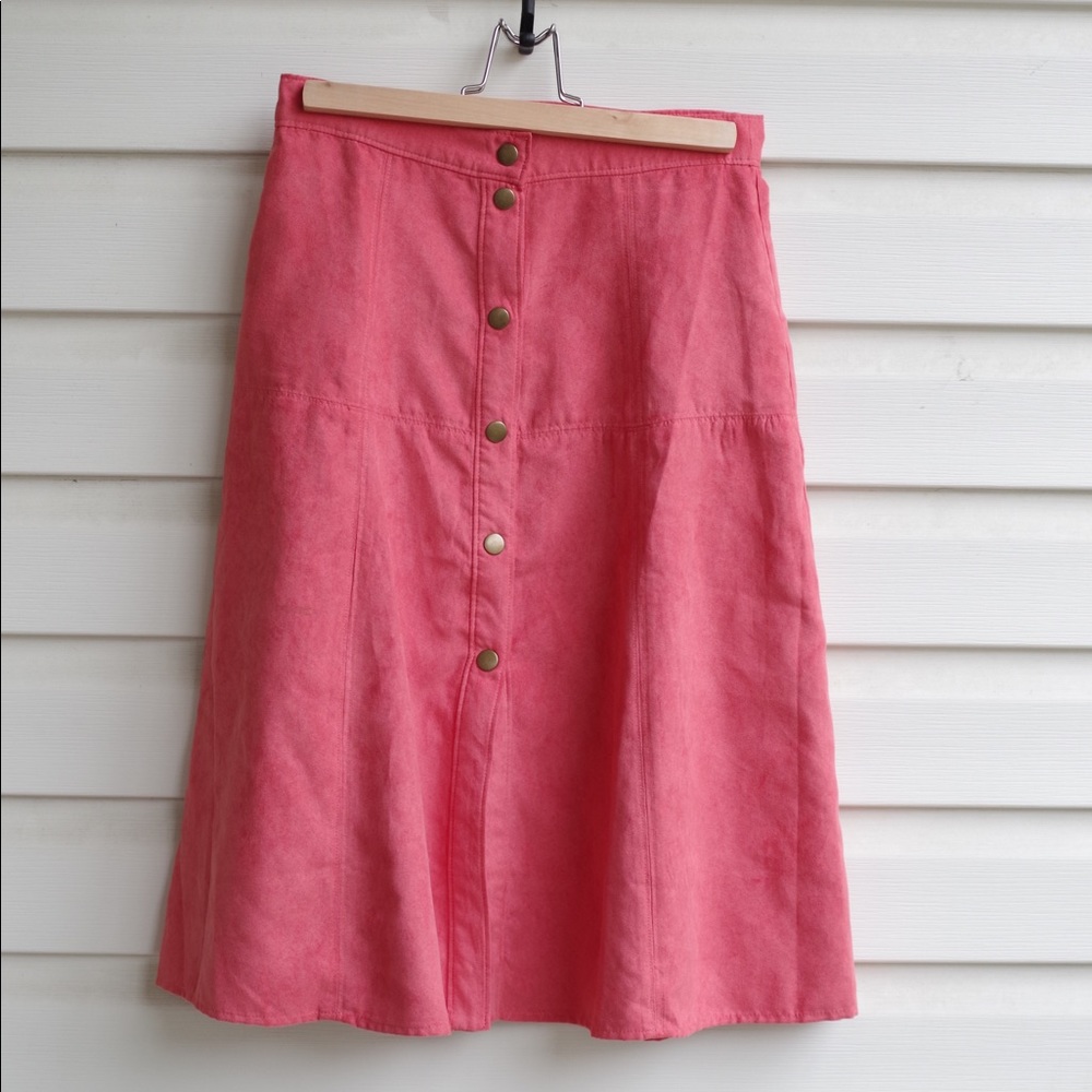 Faux Suede High Rise Midi Skirt in Bubble Gum Pink